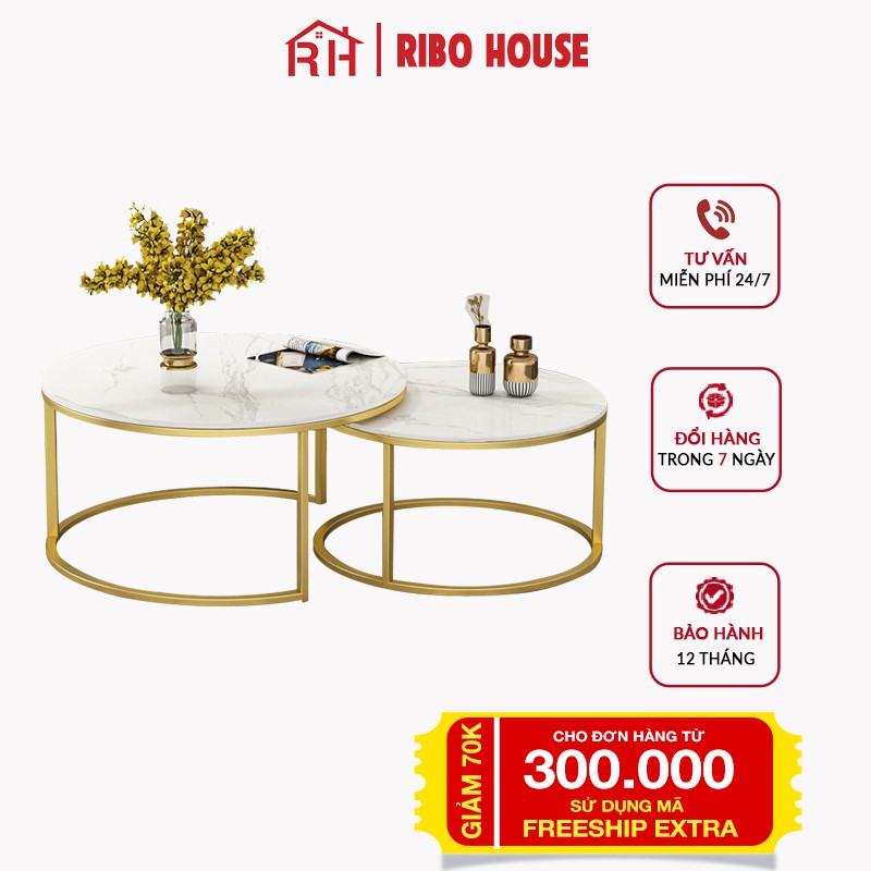 Bàn trà sofa phòng khách RIBO HOUSE khung kim loại sơn tĩnh điện mặt đá nội thất ban công spa sang trọng RIBO49