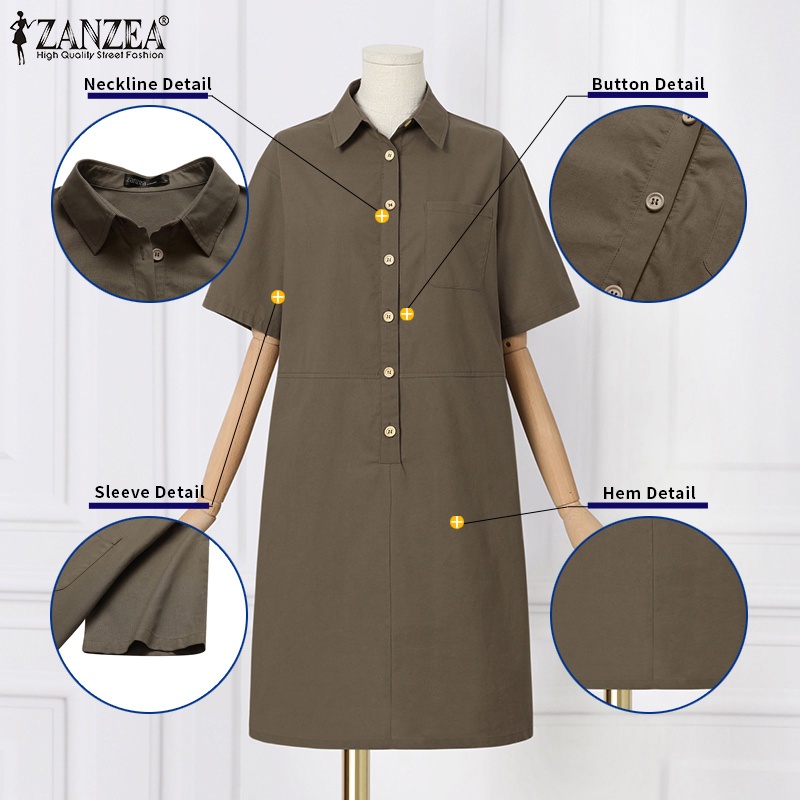 Đầm midi ZANZEA gài nút ngắn tay cổ bẻ thời trang cho nữ