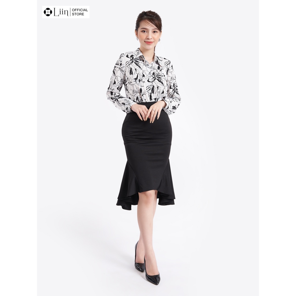 Áo sơ mi nữ dài tay màu trắng hoa đen phong cách trẻ trung, hiện đại Liin Clothing SM4035-1221