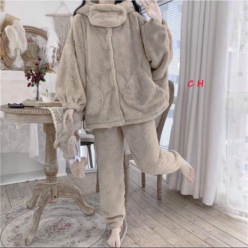 Bộ Lông Gấu có Túi Vòng Cổ mùa Đông🌸Đồ nữ ngủ Ullzang☘️Lông cừu giữ nhiệt, dày dặn, set mặc nhà | BigBuy360 - bigbuy360.vn