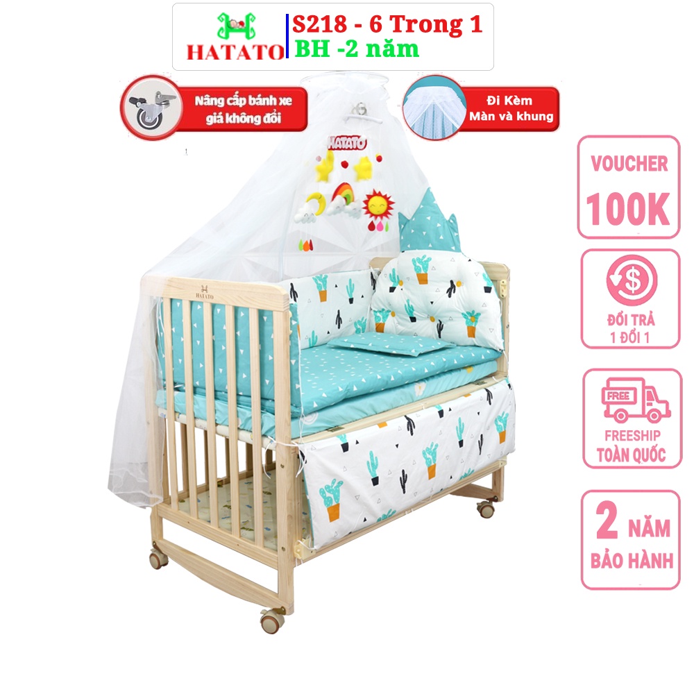Cũi Gỗ Cho Bé Hatato S218 - 6 Trong 1 – Cũi 2 Tầng 3 Mức Nâng Hạ