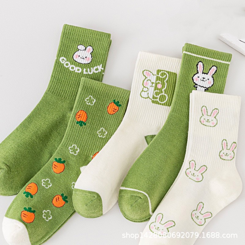Vớ cotton Cổ Cao Họa Tiết Thỏ Hoạt Hình Thoáng Khí Thoải Mái Thời Trang Thu Đông Cho Nữ