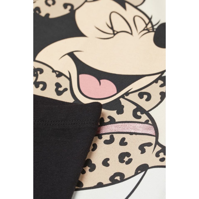 Bộ dài tay thu đông cho bé gái - Set áo váy dáng dài nỉ da cá màu be kết hợp quần legging đen Minnie HM cho bé gái