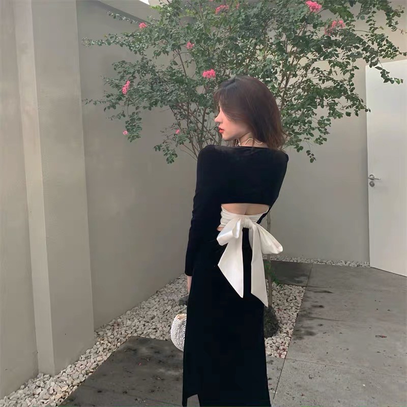 ORDER🖤Váy dự tiệc nhung dài cổ vuông ôm body xẻ đùi hở lưng thắt nơ xinh xắn|Đầm tiểu thư dạo phố có big size S-2XL | BigBuy360 - bigbuy360.vn