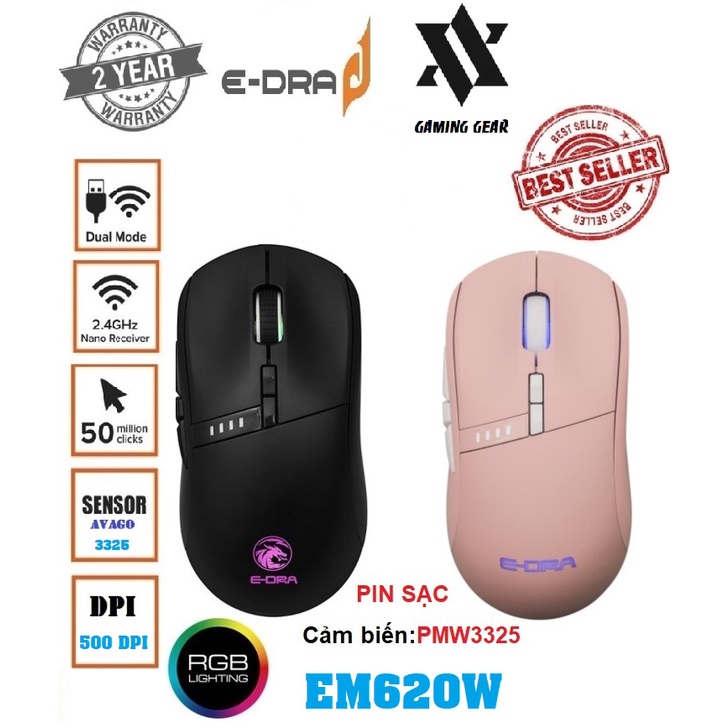 Chuột không dây Gaming Edra EM620W Pink / Black (Pin sạc - sử dụng 30h) CHÍNH HÃNG