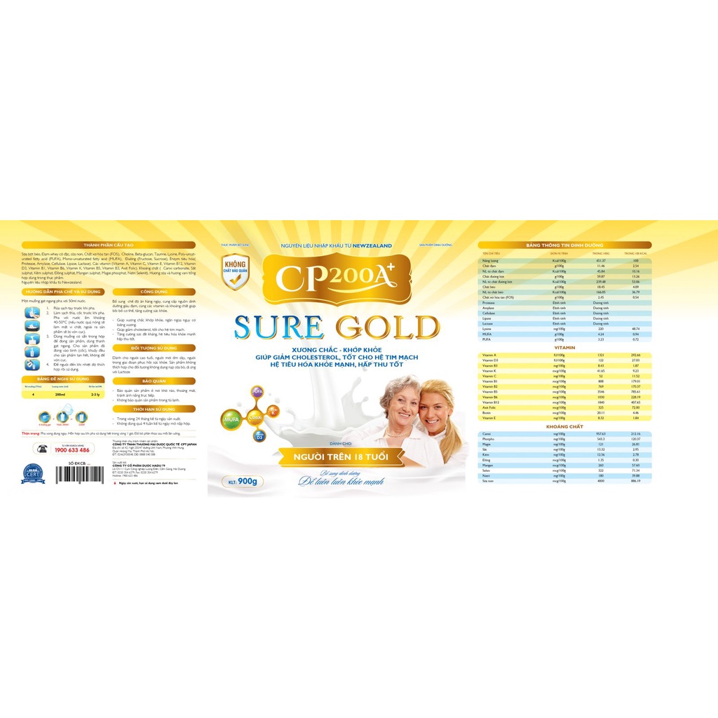 Sữa Bột CP 200A+ SURE GOLD 900g - Xương Chắc, Khớp Khỏe, Giúp Giảm Cholesterol, Tốt Cho Hệ Tim Mạch