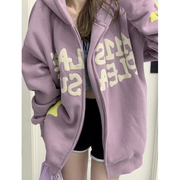 Áo Hoodie Zip Tay Phồng Mũ To Nỉ Cotton Xịn Hoạ Tiết Tia Sáng