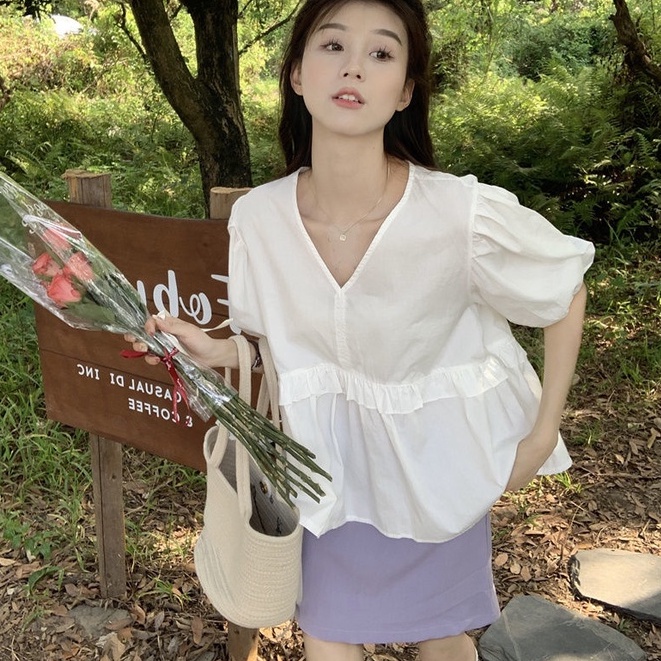 Áo Sơ Mi Tay Ngắn Phồng Cổ Chữ V Thời Trang Dành Cho Nữ