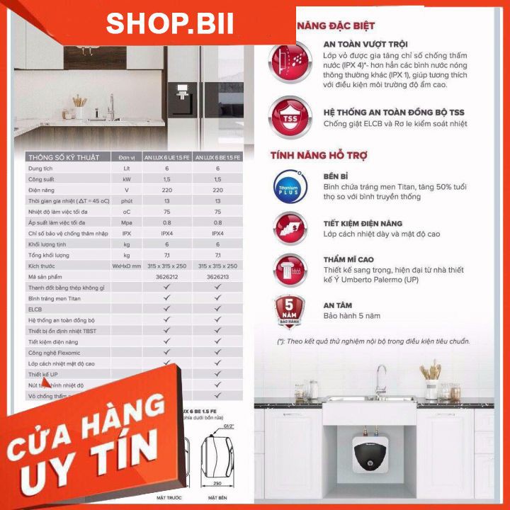 Bình nước nóng Ariston Andris LUX 6L Thanh Đốt Siêu Bền Chuyên Dùng Lắp Đặt Trong Tủ Bếp.
