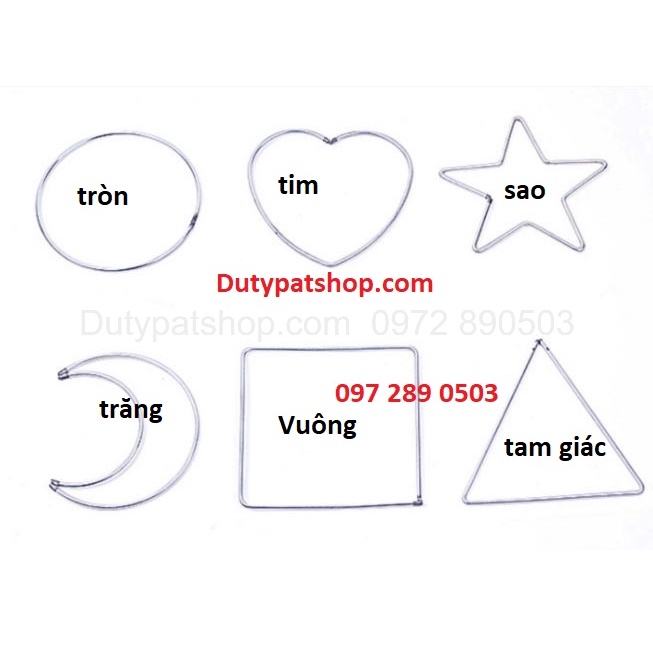 1-2 khung Vòng sắt làm dreamcatcher trái tim, ngôi sao, hình vuông, tam giác, mặt trăng size 5-10- 15-20cm