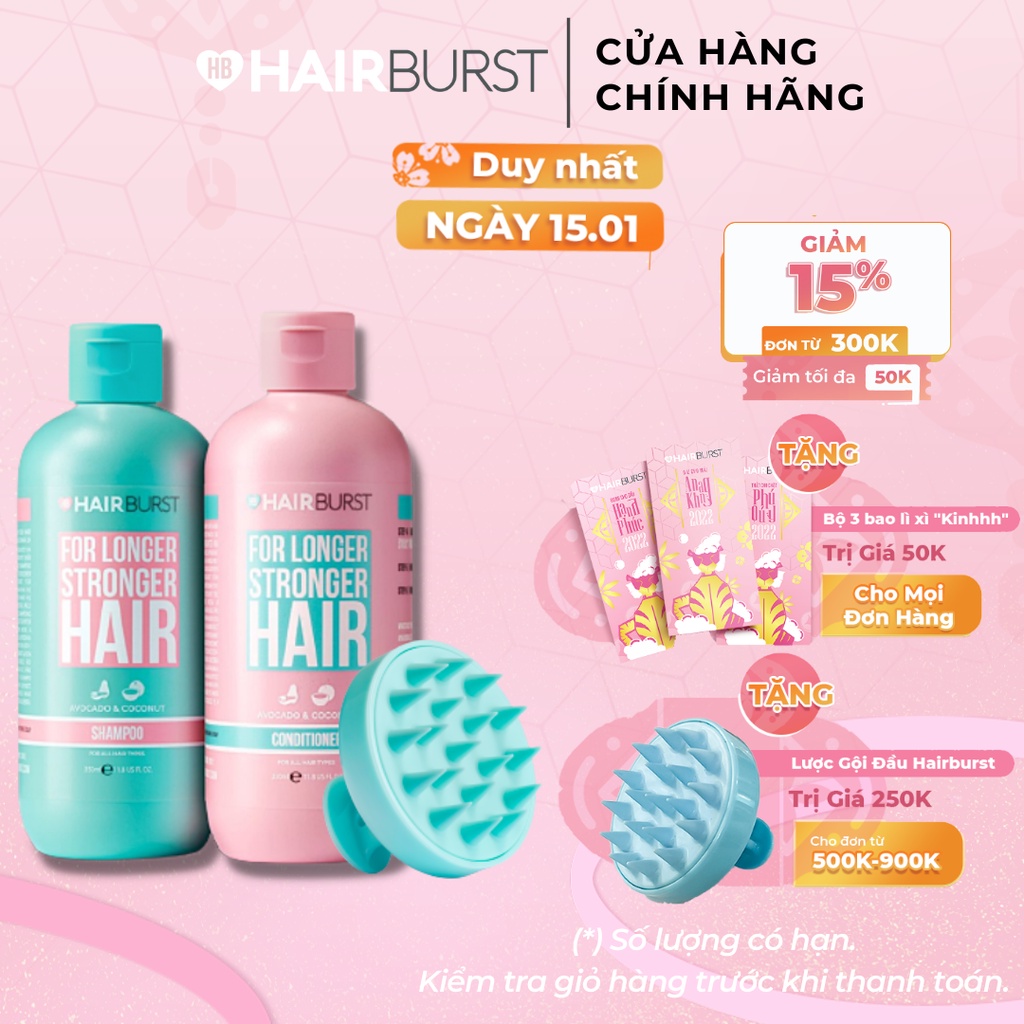 Combo chăm sóc da đầu set gội xả 350ml/chai + lược gội đầu Hairburst