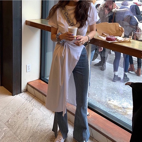 Áo Thun Tay Ngắn Dáng Dài Xẻ Tà Màu Trơn Thiết Kế Độc Đáo Thời Trang