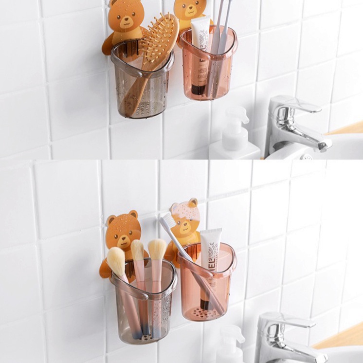 Cốc gấu dán tường đựng bàn chải, cốc dán tường có lỗ thoát nước
