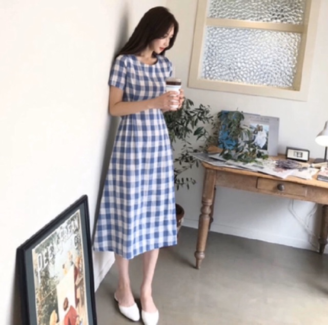 Đầm caro xanh form dài