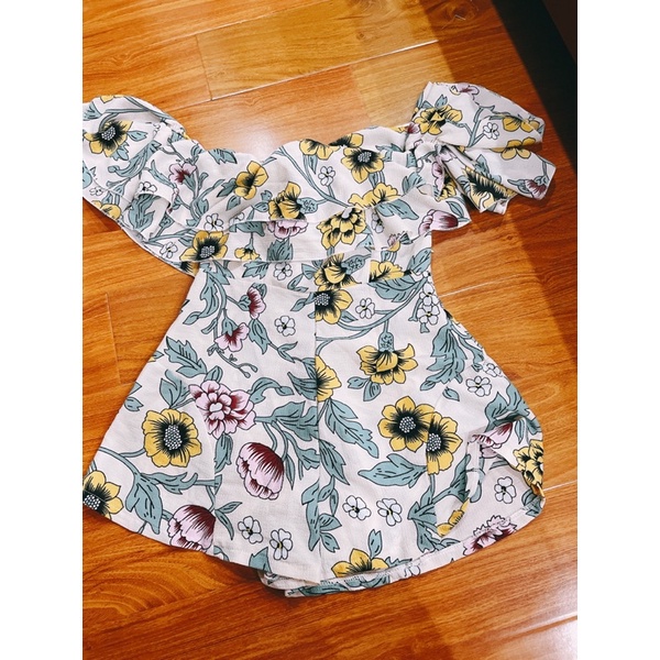 Jumsuit váy quần hoa lanh trễ vai