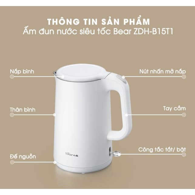 Ấm Siêu Tốc Mini Bằng Điện (1.5L) BEAR_ ZDH-C15C1 , Bình Đun Nấu Nước Sôi Đa Năng_.Bảo hành 18 Tháng