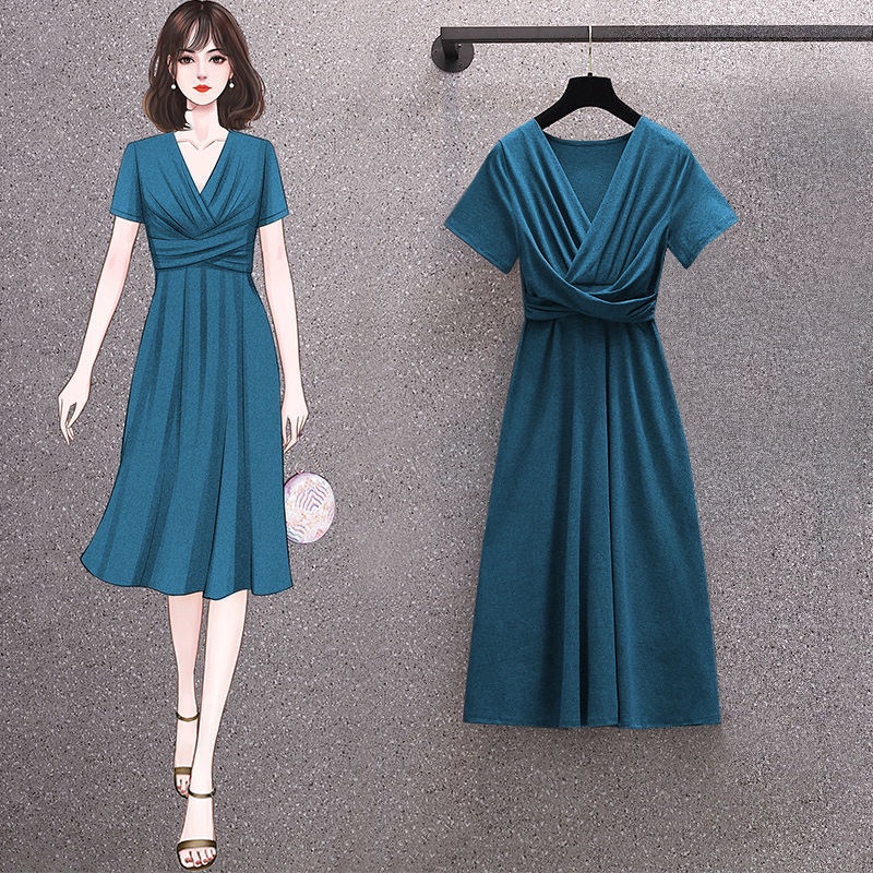 Đầm Tay Ngắn Cổ Chữ V Nhấn Eo Đơn Giản C8 Có Size Lớn 40-90kg