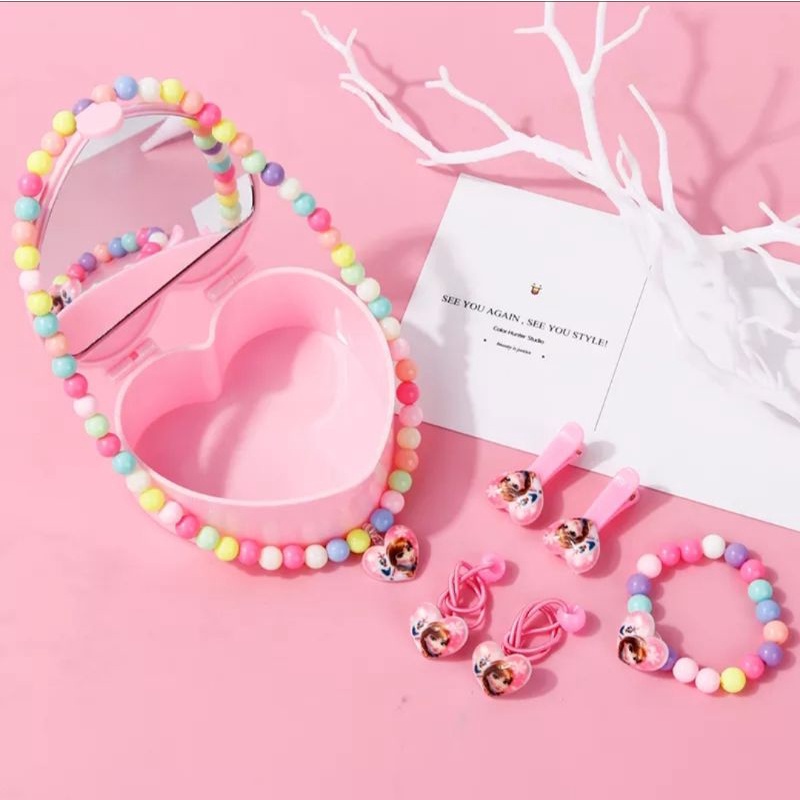 Hộp trang sức bé gái nhẫn vòng tay dây chuyền vòng cổ công chúa Elsa Anna cầu vồng Pony cho trẻ em bé gái