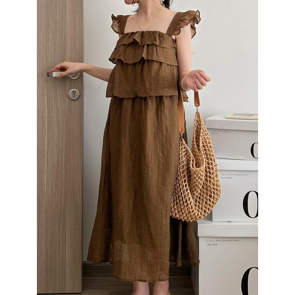 Set áo 2 dây cánh tiên tầng kèm chân váy dài chất tơ đũi