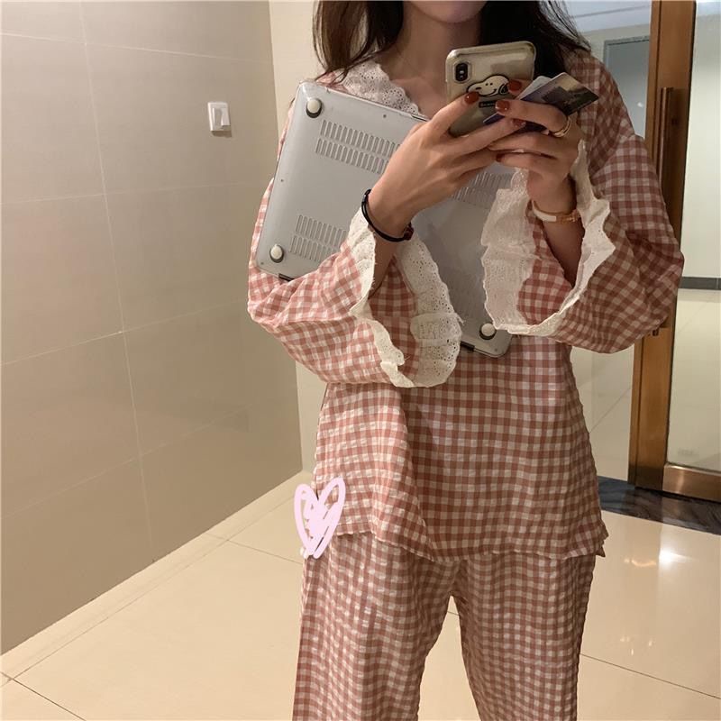 COZOK Bộ đồ ngủ tay dài kẻ sọc caro thời trang