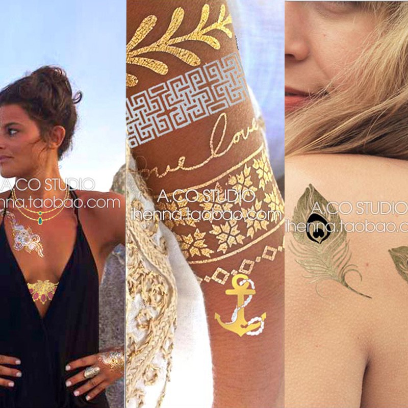 Waterproof Tattoo Temporary-Tattoo-Stick-Paster Flash Metallic Gold Silver Henna/peacock