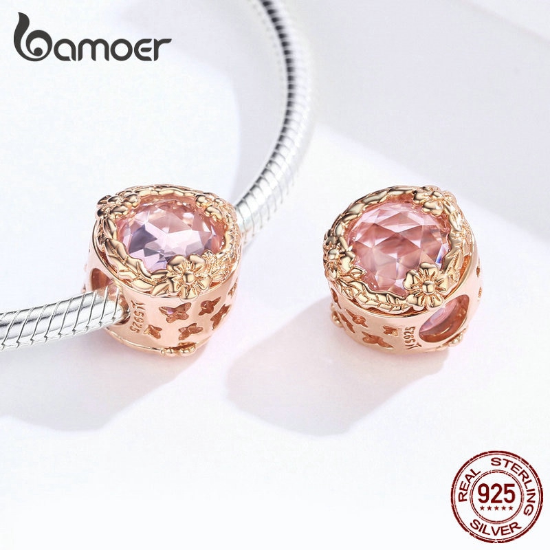 BAMOER Vòng Tay Hạt Charm Hình Hoa Bướm Và Bướm Bằng Kim Loại Mạ Vàng Hồng SCC1258