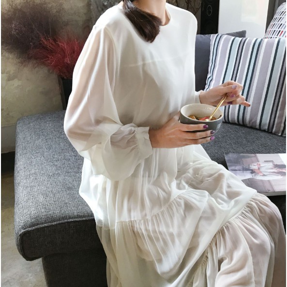 Váy trắng dài tay vintage / Váy babydoll dáng dài | BigBuy360 - bigbuy360.vn