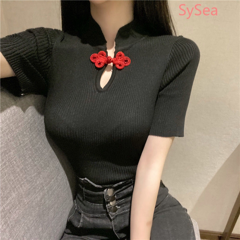 Áo thun kiểu sườn xám tay ngắn phong cách thanh lịch thời trang cho nữ