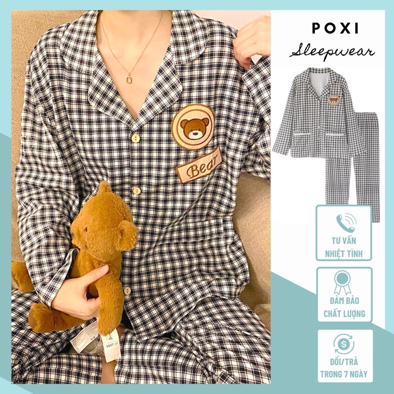 Đồ bộ - Đồ ngủ Pijama dài tay thêu gấu hoạ tiết caro