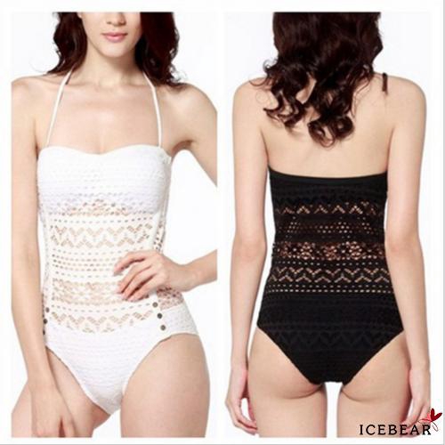 Bộ đồ bơi một mảnh màu trơn trang trí ren xuyên thấu mềm mại thông thoáng cho nữ