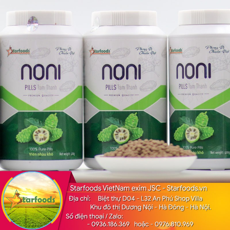 Nhàu Viên Noni nhà làm (Noni pills handmade), hộp nhựa & giấy 400g, sản phẩm noni tâm thành. Sản phẩm STARFOODS VIỆT NAM