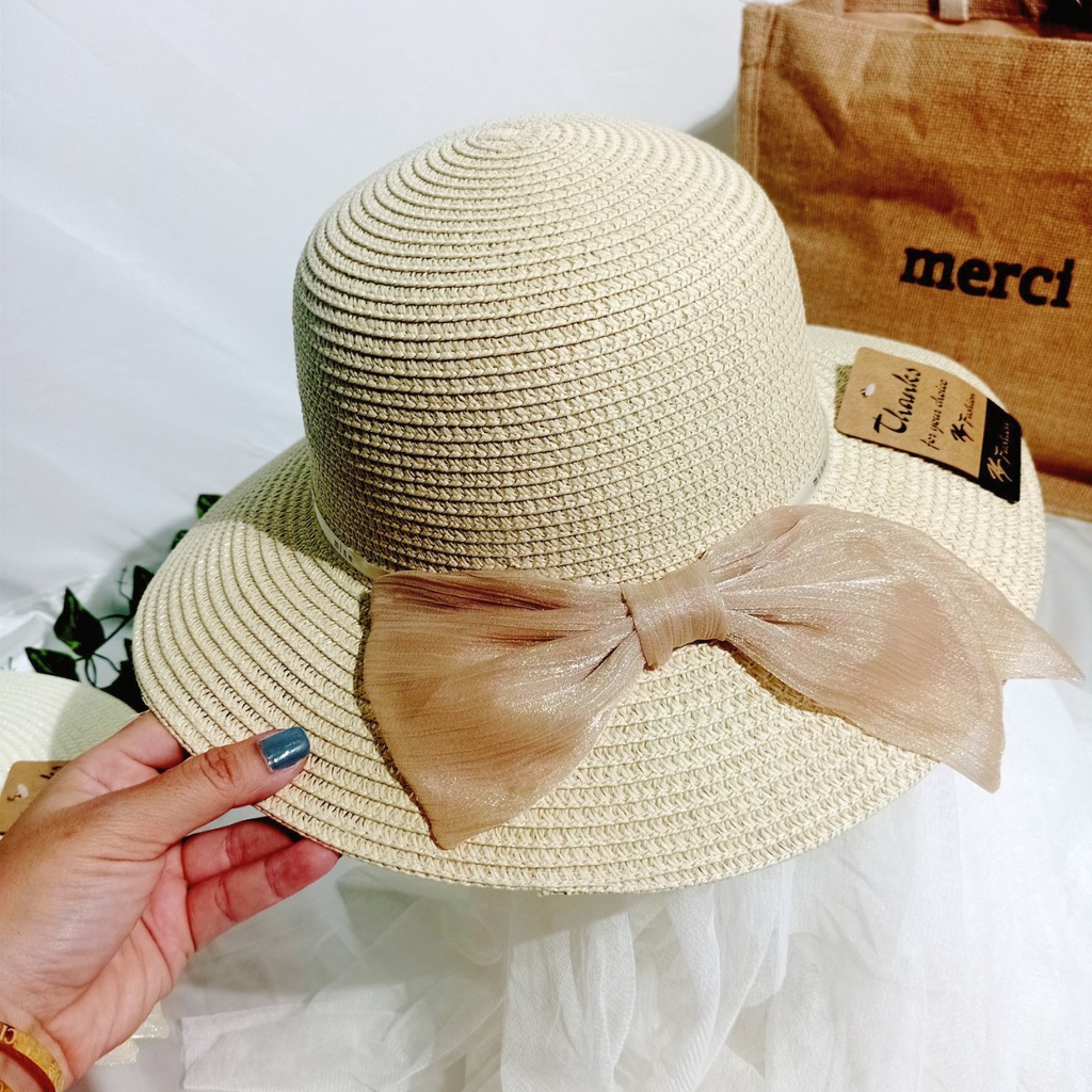 Nón cói,mũ cói nữ mềm vành nhỏ phối nơ voan phồng tiểu thư hàng nhập cao cấp_vành nhỏ voan phồng