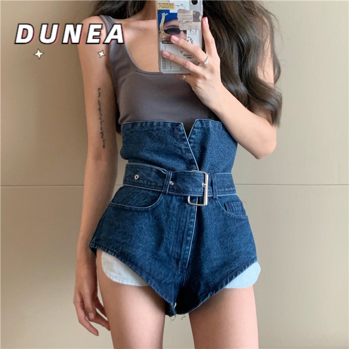 DUNEA COD Thiết kế mới của phụ nữ cảm giác quần short denim cạp cao màu xanh siêu cao