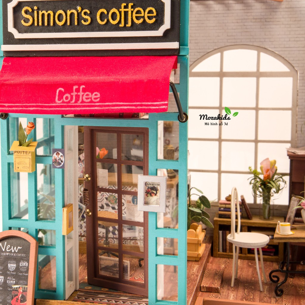 [BẢN QUỐC TẾ TIẾNG ANH] Đồ chơi lắp ráp gỗ 3D Mô hình DIY Doll House Simon's Coffee Kèm đèn LED