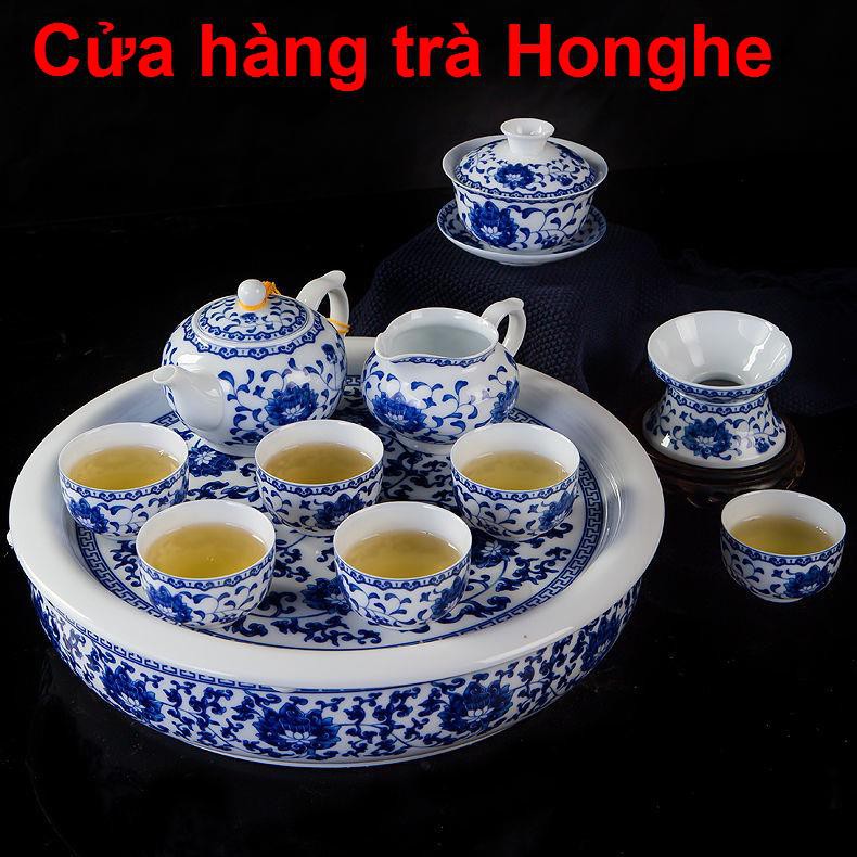 mocboBộ trà sứ trắng xanh Jingdezhen Kung Fu nhà quà tặng khay Trung Quốc phong cảnh tuyết phủ ấm