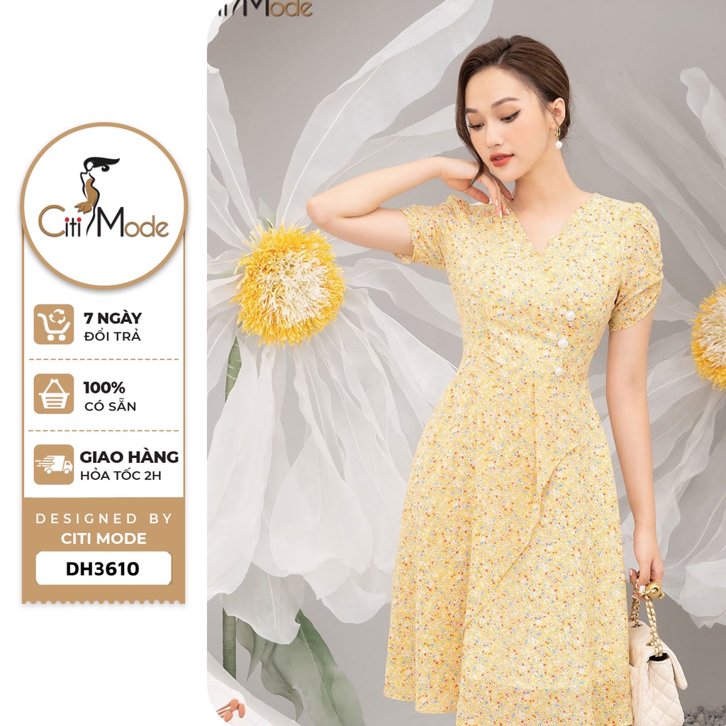 Đầm công sở CITI MODE FASHION dáng xòe thiết kế cổ V tay nhún DH3610