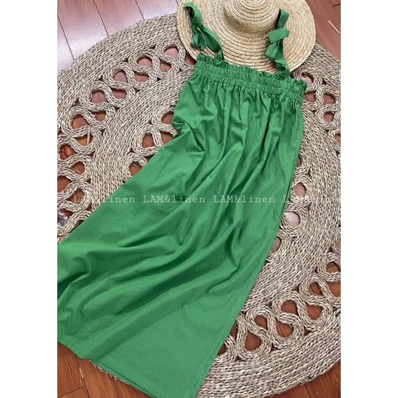 Váy đầm maxi suông dài thắt nơ vai- vải Linen có 2 túi