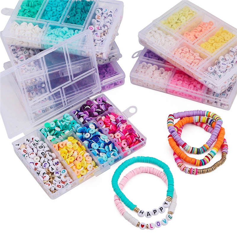 Hộp 1160 hạt xâu chuỗi đất sét 6mm có in chữ làm trang sức thủ công