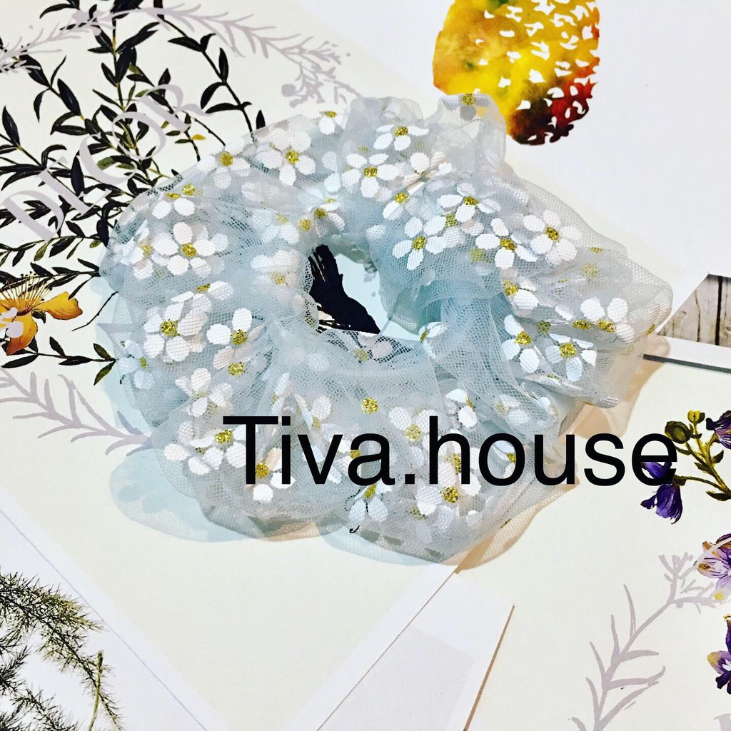 Scrunchies đồ buộc tóc vải hoa nhụy kim tuyến chun co giãn