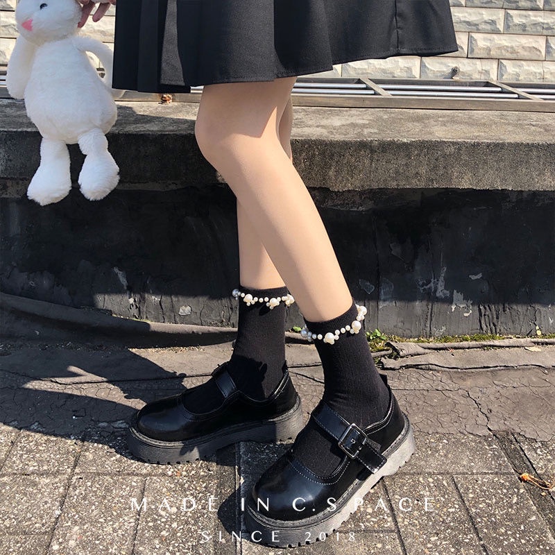 Tất ống phối ren đính ngọc trai nhân tạo kiểu Nhật dễ thương dành cho nữ