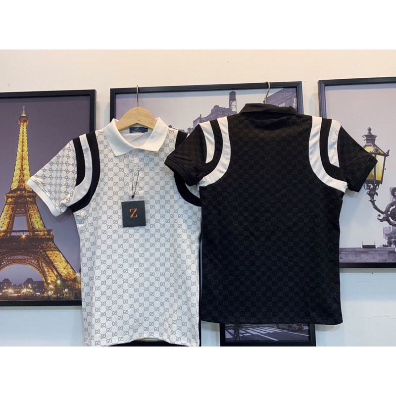 ℗Áo thun cổ Polo thêu nổi hoạ tiết kẻ sọc cánh tay rằn ri Gucci chất liệu cotton cao cấp New