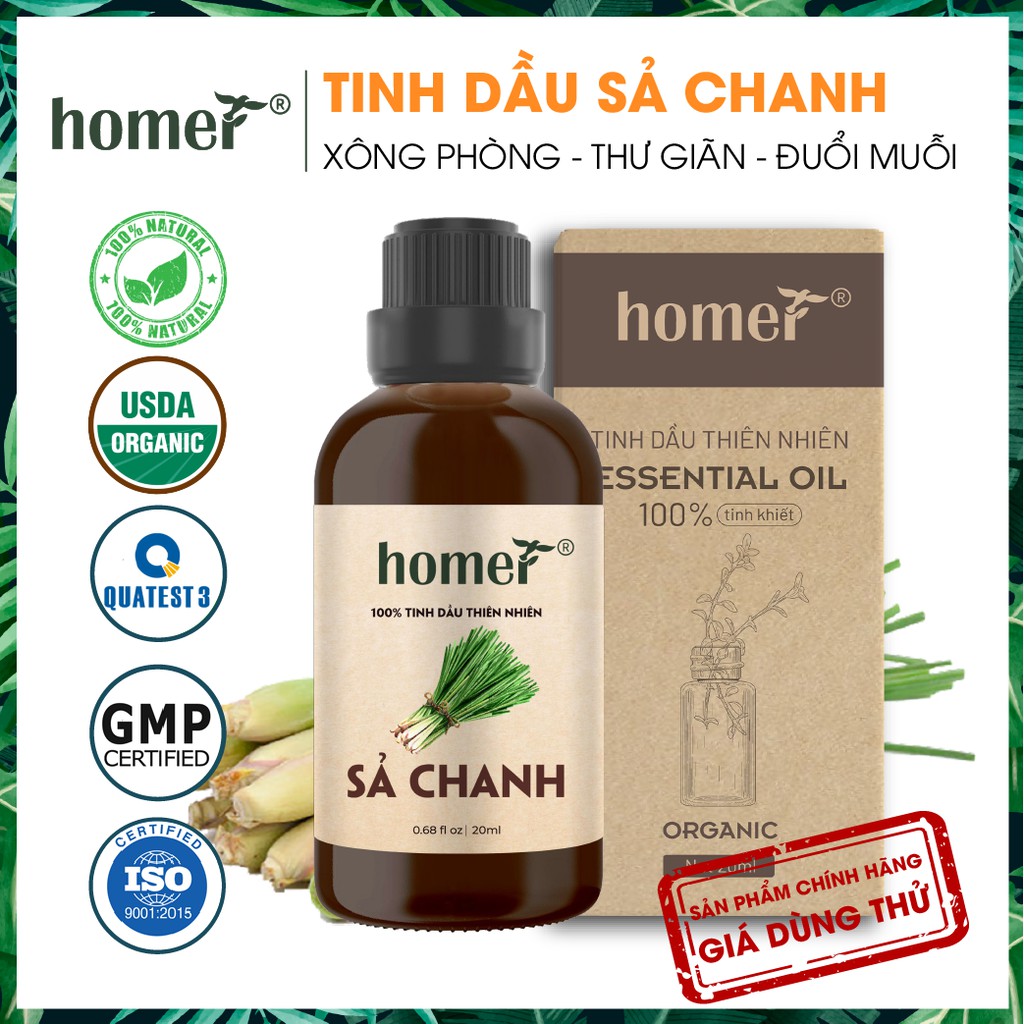 Tinh dầu Sả chanh Việt Nam Homer - Lemongrass Essential Oil - đạt chuẩn chất lượng kiểm định