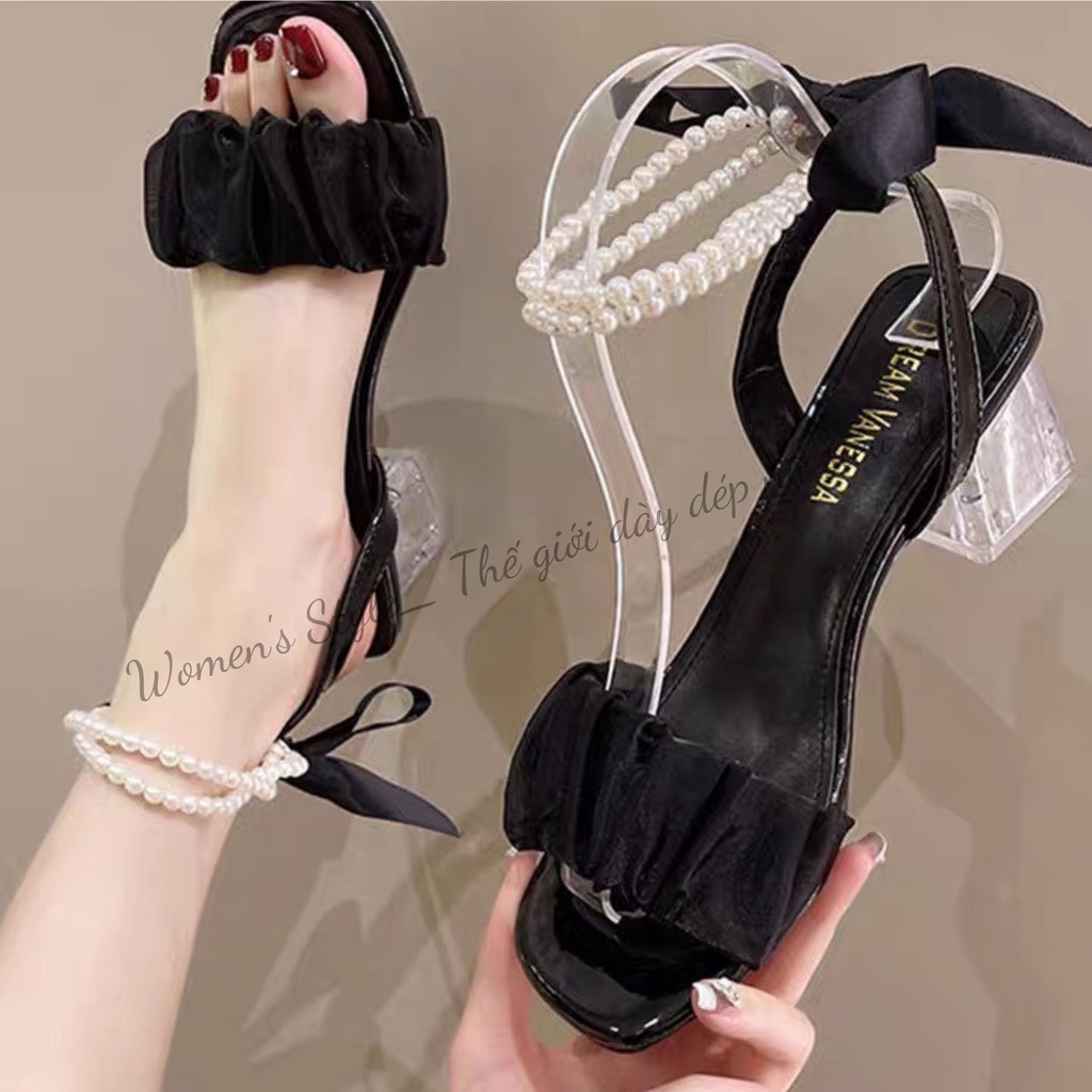 Sandal cao gót nữ 5 phân quai ngọc hot Trend 2022 Womenstyle, giày cao gót 5 phân thắt nơ cực chất chuẩn size 35-39 TD15