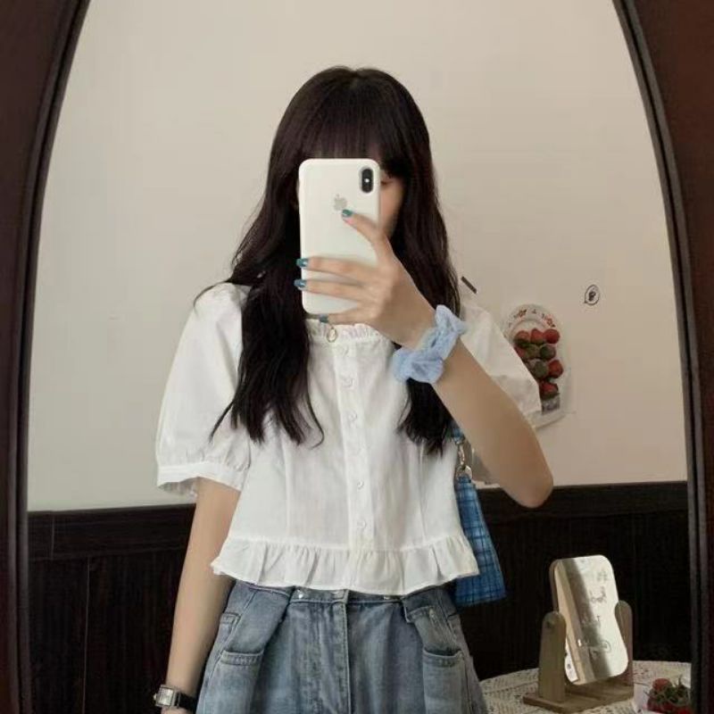 Áo Sơ Mi Nữ Tay Ngắn Viền Bèo Tay Bồng Lên Form Cực Xinh