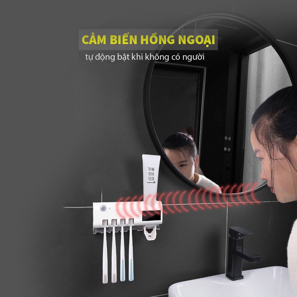 Kệ Nhả Kem Đánh Răng Tự Động Kết Hợp Giá Treo Bàn Chải Có Mắt Cảm Ứng Hồng Ngoại Khử 99% Vi Khuẩn