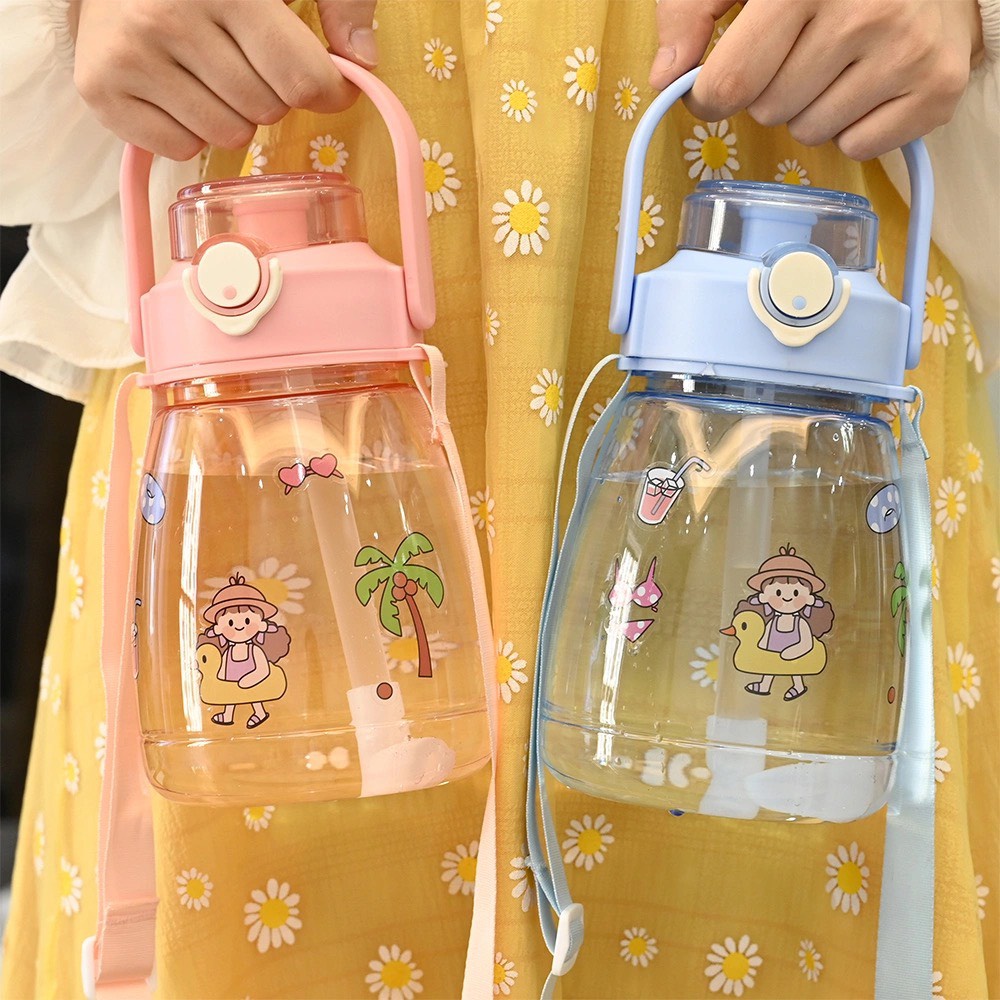 Bình nước cute nhựa có ống hút, bình đựng nước dễ thương có nút bấm 1100ml Heria Store