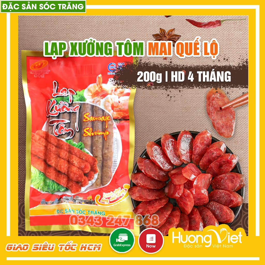 Lạp xưởng tôm Sóc Trăng Tân Huê Viên cao cấp 200g, lạp xưởng Mai Quế Lộ làm từ thịt tôm tươi vị cay nhẹ hút chân không