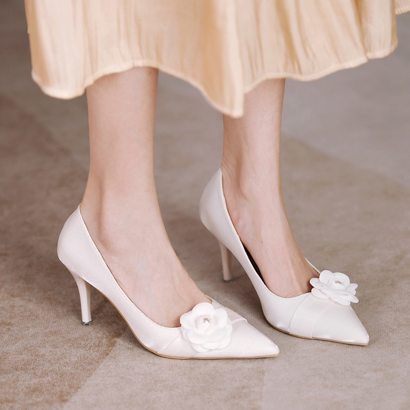 Giày Cao Gót 6cm 8cm Mũi Nhọn Vải satin Màu Trắng Phong Cách Pháp Thanh Lịch