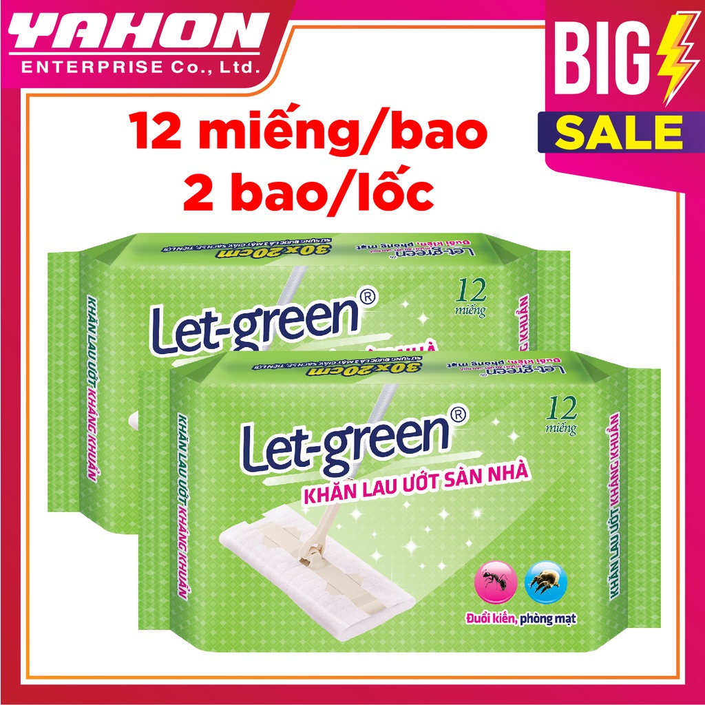 COMBO 2 BAO KHĂN LAU ƯỚT SÀN NHÀ DÙNG MỘT LẦN  ĐUỔI KIẾN PHÒNG MẠT KHÁNG KHUẨN LET-GREEN 12 MIẾNG