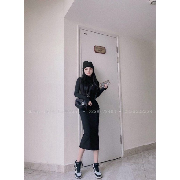 🏖ĐẦM CỔ LỌ TAY DÀI ÔM BODY CHẤT THUN GÂN BAO CHẤT DÁNG CHUẨN P789